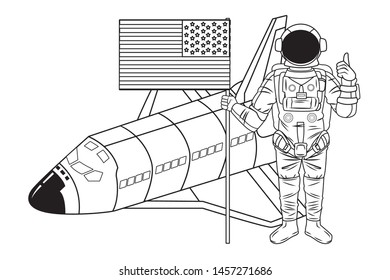 space exploration space shuttle and astronaut with thumb up and holding a united states flag in black and white icon cartoon vector illustration graphic design