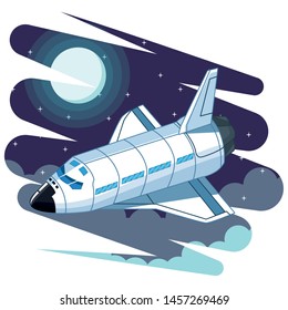 space exploration space shuttle with the moon and clouds with a starry sky icon cartoon vector illustration graphic design