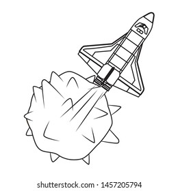 space exploration space shuttle and planet in black and white icon cartoon vector illustration graphic design