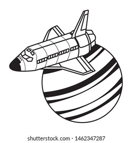 space exploration space shuttle and planet in black and white icon cartoon vector illustration graphic design