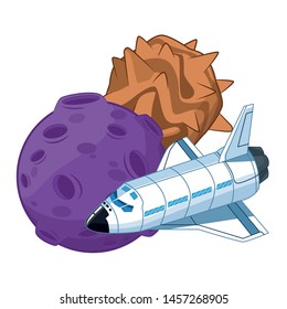 space exploration space shuttle and two planets icon cartoon vector illustration graphic design