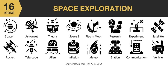 Space Exploration solid icon set. Includes space, universe, astronaut, astronomy, exploration, galaxy, and More. Solid icons vector collection.