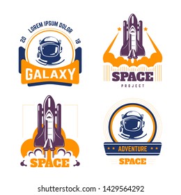 Space exploration spacecraft and pressure suit isolated icons cosmic rocket vector shuttle launch missile astronautic mission cosmos and science starship and rocketship takeoff galaxy and universe.