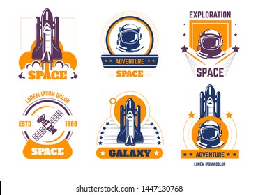 Space exploration spacecraft and pressure suit isolated icons cosmic rocket vector shuttle launch and spaceman helmet satellite astronautic mission cosmos and science starship and rocketship galaxy.