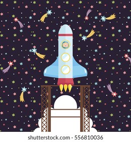 Space exploration. Spaceship with astronaut takes off from launching pad in starry night sky cartoon vector illustration. Astronomic concept for childrens books, greeting cards