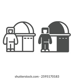 Space exploration station with astronaut line and solid icon, cosmos concept. Vector graphics. Spaceman and research building sign on white background, outline style icon for mobile or web design