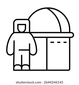 Space exploration station with astronaut thin line icon, cosmos concept. Vector graphics. Spaceman and research building sign on white background, style mobile or design