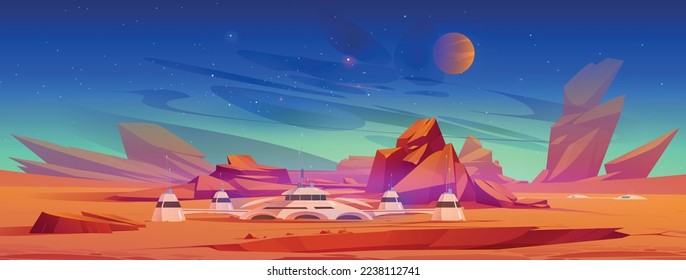 Space exploration station on red planet. Cartoon vector illustration of modern research center on Mars surrounded by rocky landscape, stars and satellites on horizon. Scientific mission, colonization