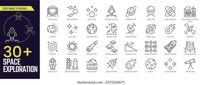 Space Exploration Stroke icon collections. Containing Satellite, Moon, Mars Rover, Space Suit, and Solar System icons. Editable Stroke icon collection Outline icon