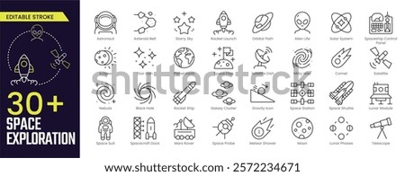 Space Exploration Stroke icon collections. Containing Satellite, Moon, Mars Rover, Space Suit, and Solar System icons. Editable Stroke icon collection Outline icon