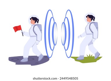 Space exploration teleportation sequence. Vector illustration of an astronaut traversing a portal from a moon-like surface to a grassy terrain, embodying interstellar travel.