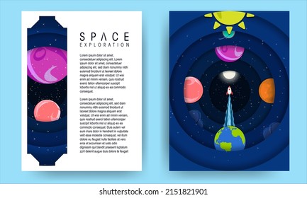 Space Exploration Template Set with paper-cut concept of space isolated on white background. Vector Illustration of planet, moon, earth, sun, rocket, and stars. For posters, web, card, banners. EPS 10