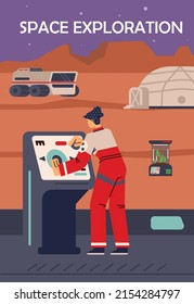 Space exploration theme of banner or poster with astronaut on interstellar station, flat cartoon vector illustration. Scientific exploration of the universe.
