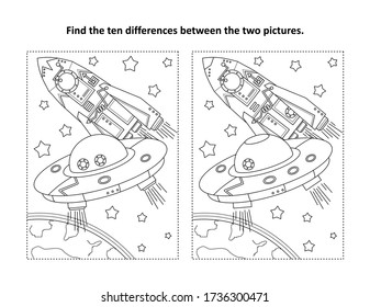 La exploración espacial temática encuentra las diez diferencias entre el rompecabezas de la imagen y la página de colorear con OVNI y la nave espacial cerca de la Tierra.