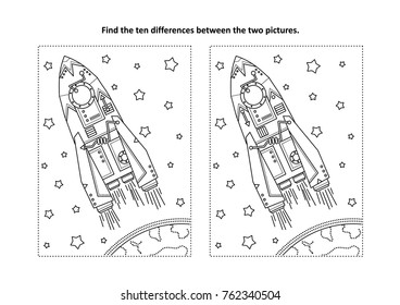 Space exploration themed find the ten differences picture puzzle and coloring page with rocket or spaceship, Earth and stars.