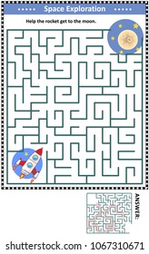 Space exploration themed maze game for children with rocket or spaceship getting to the moon. Answer included. 