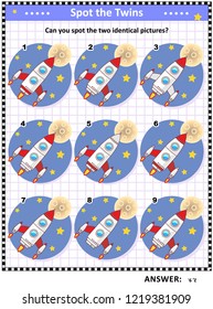 Space exploration themed picture puzzle with rocket or spaceship flying to the Moon: Can you spot the two identical pictures? Answer included.