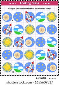 Space exploration themed visual puzzle or picture riddle: Can you spot the row that has no mirrored copy? Answer included.