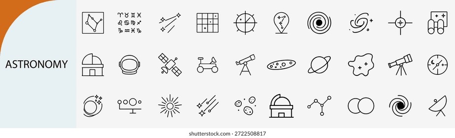 "astronomia e exploração espacial conjunto de ícones de linha fina, ilustração vetorial"