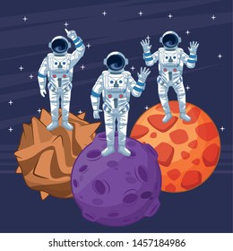 space exploration three astronaut pointing up, saying hi and hands up over a three planet with space landscape with moon and stars icon cartoon vector illustration graphic design