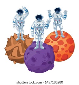 space exploration three astronaut pointing up, saying hi and hands up over a three planet icon cartoon vector illustration graphic design