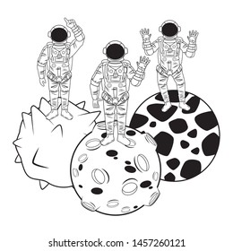 space exploration three astronaut pointing up, saying hi and hands up over a three planet in black and white icon cartoon vector illustration graphic design