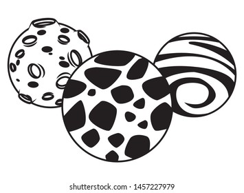 space exploration three black and white planets icon cartoon vector illustration graphic design