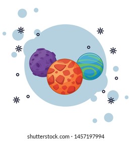 space exploration three colorful planets with round icon and squeaky spots icon cartoon vector illustration graphic design