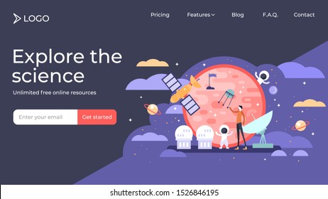 Space exploration tiny persons vector illustration landing page template design. Spaceship travel to other planet, galaxy or universe, satellite and observatory station. Cosmos transport and research.