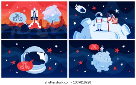 Space exploration and travel in galaxy concept. Idea of astronaut explore the new planet. Astronomy and engineering, modern technology. Flying rocket. Flat vector illustration