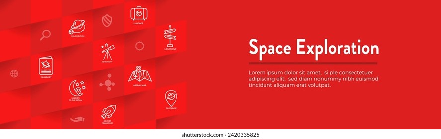 Banner de encabezado web de viajes o turismo de exploración espacial con nave espacial, telescopio y planetas