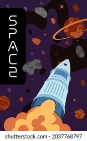 Space exploration or travel poster. Rocket exploring flies outer universe. Spaceship flight in galaxy across stars and planets. Exoplanet search, discovery and colonization placard concept. Vector