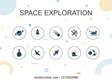 space exploration trendy Infographic template. Thin line design with rocket, spaceship, astronaut, planet icons