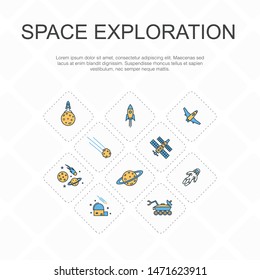 space exploration trendy line icons concept. Thin line design with rocket, spaceship, astronaut, planet icons