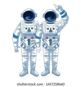space exploration two astronaut pointing up icon cartoon vector illustration graphic design