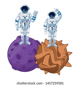 space exploration two astronaut pointing up, saying hi over a two planet icon cartoon vector illustration graphic design