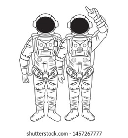 space exploration two astronaut pointing up in black and white icon cartoon vector illustration graphic design