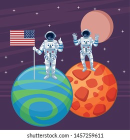 space exploration two astronaut with thumb up, hands up and holding a united states flag over a two planet with space landscape with moon and stars icon cartoon vector illustration graphic design