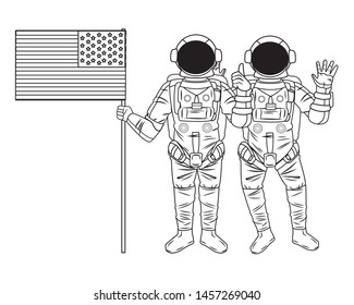 space exploration two astronaut with thumb up, saying hi and holding united states flag in black and white icon cartoon vector illustration graphic design