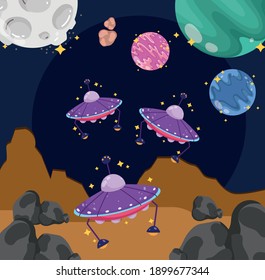 space exploration ufos moon planets earth cartoon vector illustration