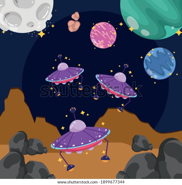 space exploration ufos moon planets earth\
cartoon vector\
illustration
