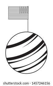 space exploration with united states flag over a planet in black and white icon cartoon vector illustration graphic design