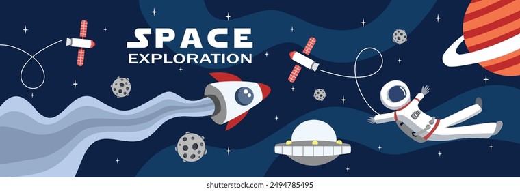 Space exploration vector art. Ufo illustration. Astronaut stock vector. Satellite illustration. Planet vector illustration. Ufo spaceship.