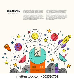 Space exploration vector concept with sample text. Moon surface, observatory with telescope, planets, meteor, sattelite. Science illustration.