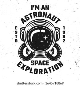 Space exploration vector emblem or apparel design illustration with astronaut helmet