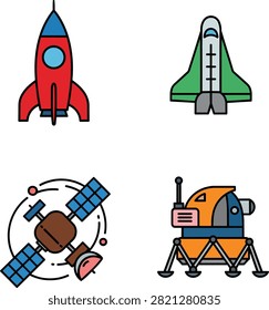Space exploration vector icons set with rocket shuttle satellite