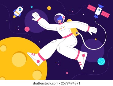 Space Exploration Vector Illustration featuring an Astronaut Floating in Outer Space Among Planets and a Rocket Embarking on a Galaxy Adventure