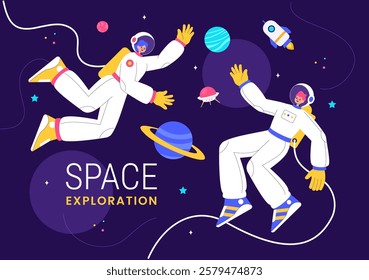 Space Exploration Vector Illustration featuring an Astronaut Floating in Outer Space Among Planets and a Rocket Embarking on a Galaxy Adventure