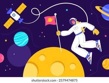 Space Exploration Vector Illustration featuring an Astronaut Floating in Outer Space Among Planets and a Rocket Embarking on a Galaxy Adventure