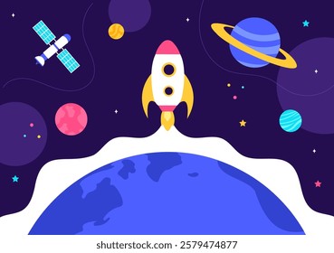 Space Exploration Vector Illustration featuring an Astronaut Floating in Outer Space Among Planets and a Rocket Embarking on a Galaxy Adventure